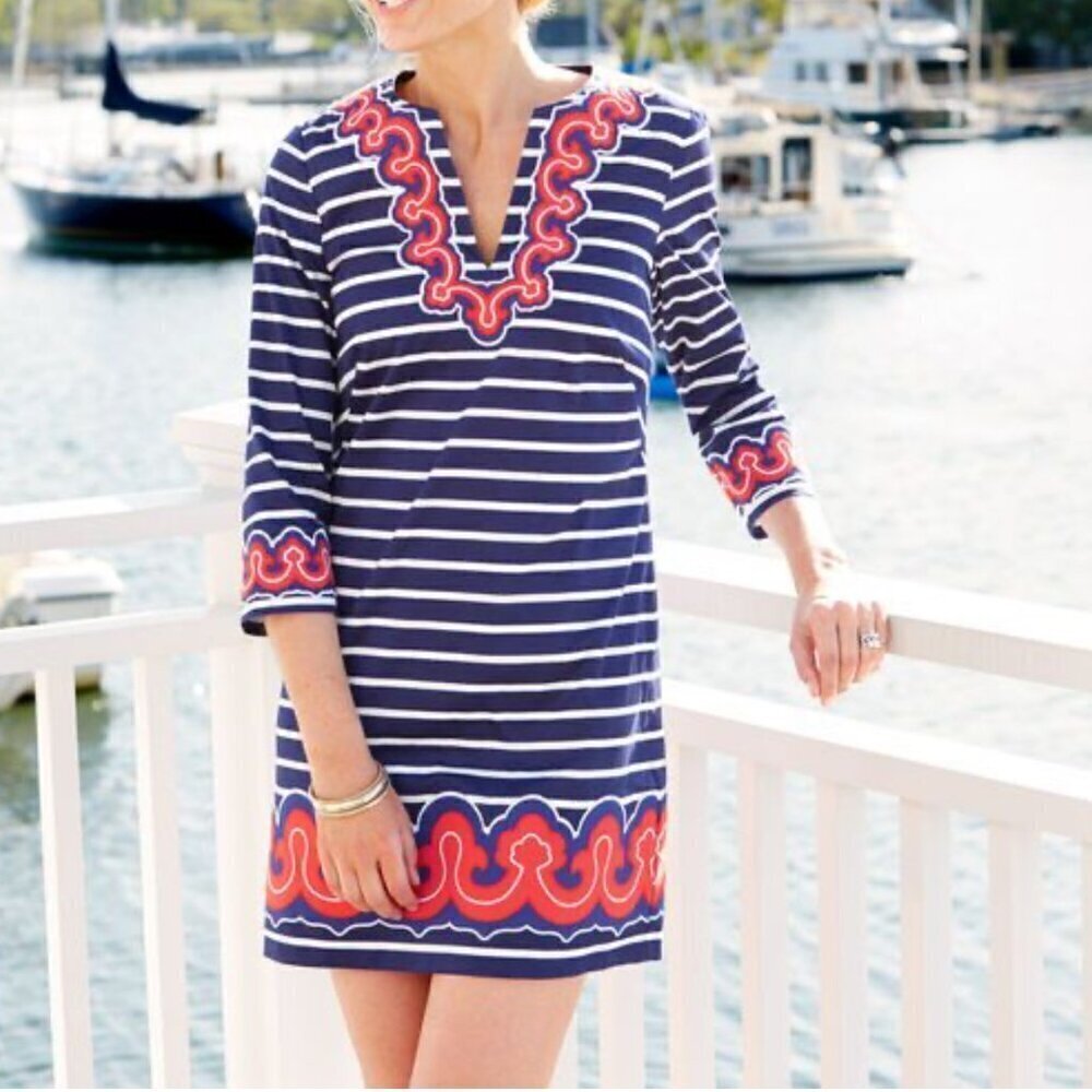 VINEYARD VINES shift dress. 10. Navy blue/white stripes with red embellishments